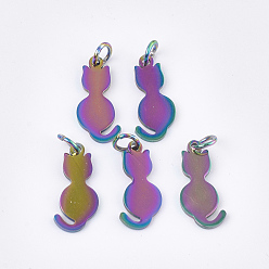 Rainbow Color Ion Plating(IP) 201 Stainless Steel Kitten Pendants, with Jump Rings, Cat Silhouette Shape, Rainbow Color, 17x8x1mm, Jump Ring: 5x0.8mm, Inner Diameter: 3mm