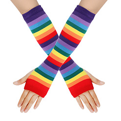 Coloré Gants sans doigts à tricoter en fil de fibre acrylique, gants chauds d'hiver élastiques longs à motif de bande arc-en-ciel avec trou pour le pouce, colorées, 300~330x90mm