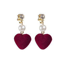 E2534-1/Maroon Vintage Velvet Wine Red Heart Pearl Earrings with Geometric Diamond Clip-on, Chic Long Style