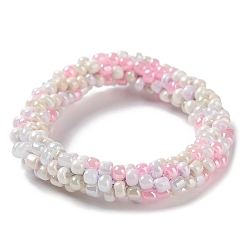 Pink Crochet Glass Beads Braided Stretch Bracelet, Nepel Boho Style Bracelet, Pink, Inner Diameter: 1-3/4 inch(4.5cm)
