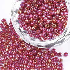 Cerise Opaque Glass Seed Beads, Rainbow Plated, Round, Cerise, 2mm, Hole: 1mm, about 30000pcs/bag