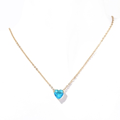 Светло-Голубой Нержавеющая сталь паве кубический цирконий сердце кулон кабель цепь ожерелья для женщин, золотые, Небесно-голубой, 15.75 дюйм (40 см)
