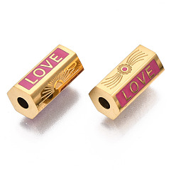 Real 14K Gold Plated 316 Surgical Stainless Steel Beads, with Enamel, Hexagon with Word Love, Real 14K Gold Plated, 11x6x6mm, Hole: 2mm