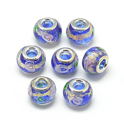 Blue Handmade Gold Sand Lampwork European Beads, with Brass Double Cores, Large Hole Beads, Rondelle, Platinum, Blue, 13.5~14.5x10.5~11mm, Hole: 5mm