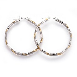 Golden & Stainless Steel Color 304 Stainless Steel Hoop Earrings, Hypoallergenic Earrings, Textured Ring Shape, Golden & Stainless Steel Color, 38x35.5x5mm, Pin: 1mm