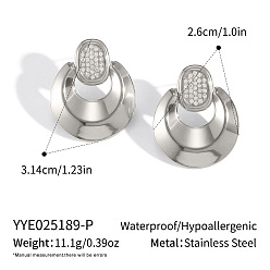 Серебро Плоские круглые серьги-гвоздики из нержавеющей стали, со стразами, серебряные, 31.4x26 мм