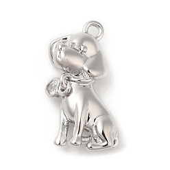 Real Platinum Plated Brass with Glass Pendants, Dog & Heart Charm, Real Platinum Plated, 17x12x4mm, Hole: 1.2mm
