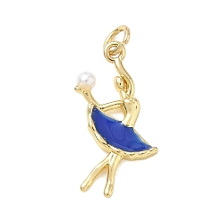 Mittelblau Messing Emaille-Anhänger, abs mit Imitationsperle, Ballettmädchen-Anhänger, Gestell, langlebig überzogen, cadmiumfrei und bleifrei, echt 18 k vergoldet, mittelblau, 24.5x17x3.5 mm, Bohrung: 2.5 mm