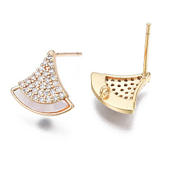 Real 18K Gold Plated Brass Micro Pave Clear Cubic Zirconia Earring Findings, with Shell, Nickel Free, Fan, Real 18K Gold Plated, 11.5x12mm, Hole: 1mm, Pin: 0.8mm
