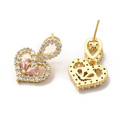 Pink Cubic Zirconia Heart Stud Earrings, Rack Plating Real 18K Gold Plated Brass Jewelry for Women, Cadmium Free & Lead Free, Pink, 13x14.5mm, Pin: 1mm
