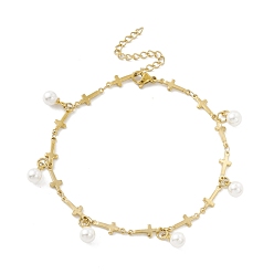 Golden Plastic Pearl Charms Bracelet with Cross Link Chains, Vacuum Plating 304 Stainless Steel Jewelry for Women, Golden, 8-7/8 inch(22.5cm)