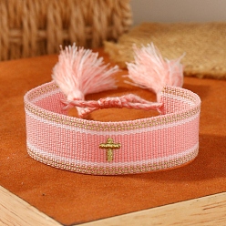 Pink Cross Embroidered Tassel Cloth Woven Braid Bracelet, Pink, Inner Diameter: 2-1/8~2-5/8 inch(5.5~6.8cm)