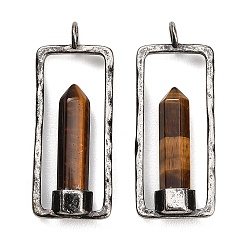 Tiger Eye Natural Tiger Eye Pendants, Faceted Pointed Bullet Charms with Brass Rectangle Frame, Antique Silver, 42.5x17x6mm, Hole: 3.6mm
