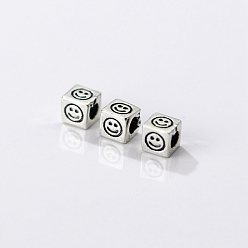 Cube Родиевое покрытие 925 бусины-проставки из таиландского серебра, улыбающееся лицо бисера, античное серебро, кубические, 3.8x3.8x3.8 мм, отверстие : 2.1 мм
