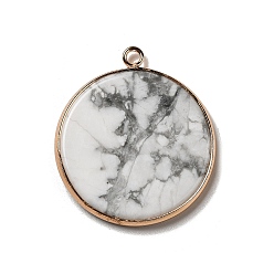 Howlite Natural Howlite Pendants, Flat Round Charms, with Golden Plated Brass Frame, 35x31x3~3.5mm, Hole: 2.5mm