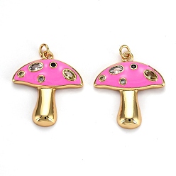 Deep Pink Autumn Theme Real 18K Gold Plated Brass Micro Pave Cubic Zirconia Pendants, with Enamel and Jump Rings, Long-Lasting Plated, Mushroom, Deep Pink, 28x25x3.5mm, Jump Ring: 5x1mm, 3mm Inner Diameter