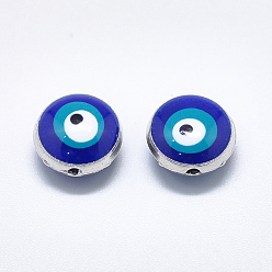 Blue Alloy Enamel Beads, Flat Round with Evil Eye, Platinum, Blue, 10x6~8mm, Hole: 1.2mm