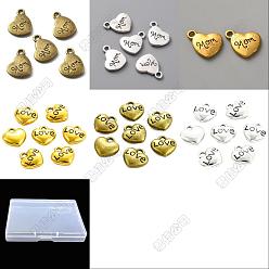 Mixed Color 60pcs 6 Styles Tibetan Style Alloy Pendants, Heart with Love & Mom Word Charms, Mixed Color, 8~16x8~18x2.5~3mm, Hole: 1~2mm, 10pcs/style