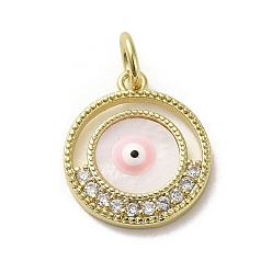 Pink Brass Micro Pave Cubic Zirconia Pendants, with Enamel, with Jump Ring, Real 18K Gold Plated, Flat Round with Evil Eye, Pink, 17.5x15x3mm, Hole: 3.8mm
