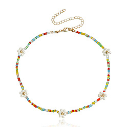golden Bohemian Rainbow Transparent Beaded Necklace with Pearl Flower Pendant