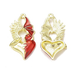 Red Rack Plating Alloy Enamel Pendants, Heart with Wing Charm, Golden, Red, 40x20x4mm, Hole: 1.8mm