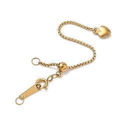 Real 18K Gold Plated 304 Stainless Steel Box Chain Extenders, with Clasps and Heart Charms, Ion Plating(IP), Long-Lasting Plated, Real 18K Gold Plated, 67mm