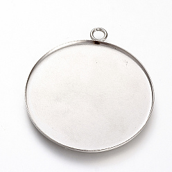 Stainless Steel Color 201 Stainless Steel Pendant Cabochon Settings, Plain Edge Bezel Cups, Flat Round, Stainless Steel Color, Tray: 40mm, 45.5x41x1.5mm, Hole: 3mm