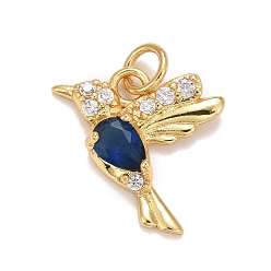 Blue Cubic Zirconia Pendants, with Rack Plating Real 18K Gold Plated Brass, with Jump Rings, Long-Lasting Plated, Lead Free & Cadmium Free & Nickel Free, Bird, Blue, 16x15x3.5mm, Jump Ring: 5x0.8mm, 3.4mm Inner Diameter