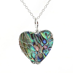 Platinum Tree Of Life Wire Wrapped Peach Heart Abalone Shell Shape Stone Pendant Necklace, Platinum, 19.69 inch(50cm)