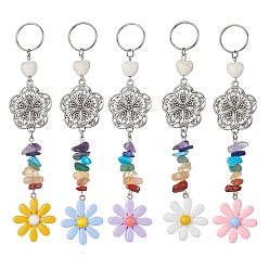 Mixed Color Flower Resin Keychains, with Chakra Gemstone Chip and 304 Stainless Steel Split Key Rings and Tibetan Style Alloy Links, Mixed Color, 14.5cm