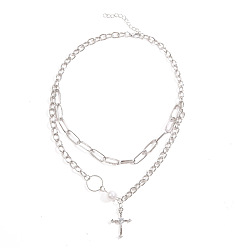5578501 Hip-hop Pearl Cross Pendant Necklace - Unique Double-layered Love Butterfly Chain Item