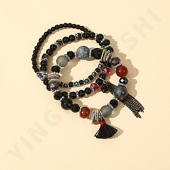 C Black Series Colorful Glass Beaded Tassel Bracelet Set for Women, Fashionable Gift for Friends and Couples