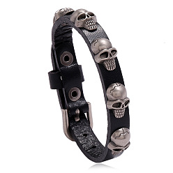 Noir Bracelet en cuir de vachette clouté avec rivet crâne en alliage, bracelet gothique avec boucle pour homme femme, noir, 9-1/2 pouce (24 cm)