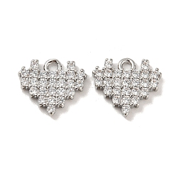 Real Platinum Plated Brass Micro Pave Cubic Zirconia Charms, Heart, Real Platinum Plated, 10x11x2mm, Hole: 1.2mm