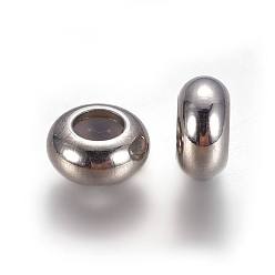 Stainless Steel Color 304 Stainless Steel Beads, with Rubber Inside, Slider Beads, Stopper Beads, Rondelle, Stainless Steel Color, 8x4mm, Hole: 3.5mm, Rubber Hole: 2mm