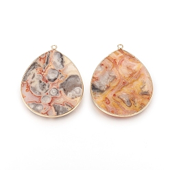 Crazy Agate Natural Crazy Agate Pendants, with Brass Findings, Teardrop, Golden, 41~41.5x32x2mm, Hole: 1.5mm