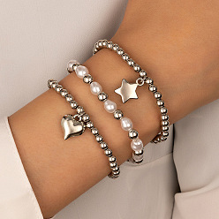 22241-silver Multi-layer Alloy Beaded Bracelet Set with Star, Heart and Pearl Design