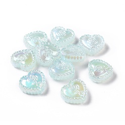 Aquamarine UV Plating Rainbow Iridescent Acrylic Beads, Heart with Rose Flower, Aquamarine, 25x27.5x9.2mm, Hole: 3.6mm