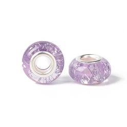 Lilac Rondelle Resin European Beads, Large Hole Beads, with Glitter Powder and Platinum Tone Brass Double Cores, Lilac, 13.5x8mm, Hole: 5mm