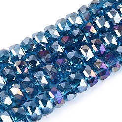 Стально-синий Гальванизируйте прозрачное стекло бисер нитей, рондель, граненые, с покрытием AB цвета, стальной синий, 7.5~8x4.5~5.5 мм, отверстие : 1.2~1.4 мм, около 34~37 шт / нитка, 7.09~7.28 дюйм (18~18.5 см)