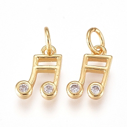 Golden Brass Charms, with Cubic Zirconia and Jump Rings, Musical Note, Clear, Golden, 8.5x5.5x1.5mm, Hole: 2mm