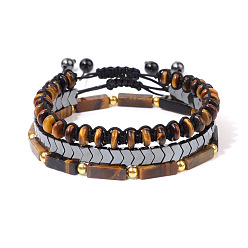 FK1485 Natural Rectangle Amethyst Bracelet with Black Onyx Beaded Wheel and Braided Set for Men