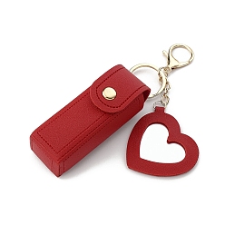 Red PU Leather Lipstick Storage Bags, Portable Lip Balm Organizer Holder for Women Ladies, with Light Gold Tone Alloy Keychain and Mirror, Heart, Red, 9x2.5cm