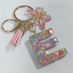 Letter E Acrylic and Resin Keychain, with Tassel, Alloy Rings, Butterfly, 10.3cm, Pendant: 23~43mm