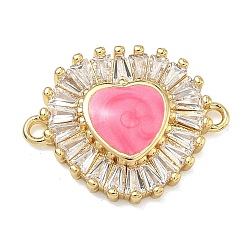 Ярко-Розовый Латунные подвески из прозрачного кубического циркония, сердце соединяется с эмалью, без свинца и без кадмия, стойки покрытие, долговечный, реальный 18 k позолоченный, ярко-розовый, 17x21.5x3.5 мм, отверстие : 1.5 мм