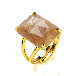 Солнечный Камень Прямоугольные открытые манжеты из натурального солнечного камня, позолоченное латунное кольцо унисекс, внутренний диаметр: регулируемый