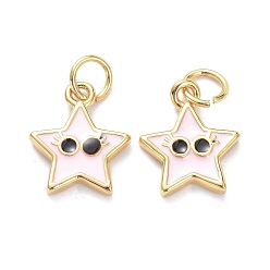 Pink Real 18K Gold Plated Brass Enamel Charms, with Jump Rings, Long-Lasting Plated, Star with Eye, Pink, 13x10.5x2mm, Jump Ring: 5x1mm, 3mm Inner Diameter