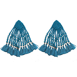 Blue Bohemian Handmade Beaded Fabric Tassel Earrings with Exaggerated Fringe and European-American Style Jewelry Accessories