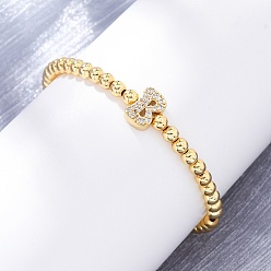 Letter B Латунные круглые бусины эластичные браслеты, Подвеска в виде буквы из латуни с микропаве из прозрачного кубического циркония для женщин, без свинца и без кадмия, стойки покрытие, реальный 18 k позолоченный, В письме, внутренний диаметр: 2~2-1/8 дюйм (5~5.5 см)