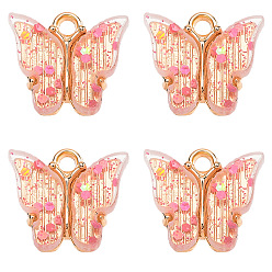 Pearl Pink Transparent Acrylic Charms, with Golden Tone Alloy Findings and Sequins, Butterfly Charm, Pearl Pink, 14x14mm